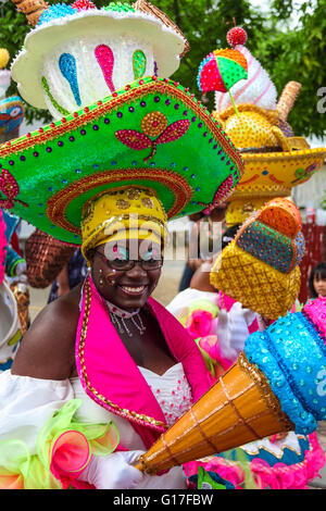 Colorfully costumed Curacao participant  in St. Maarten's  2011 Carnival in Philipsburg Stock Photo