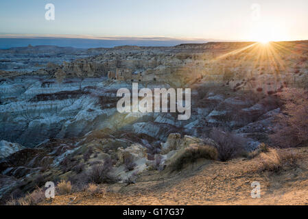 Eroded badlands at sunrise, Angel Peak Nat. Recreation Area, New Mexico. Stock Photo