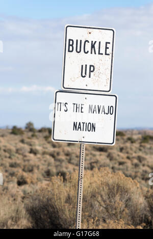 Buckle Up sign on the Navajo Nation, New Mexico. Stock Photo