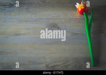 Wooden flower. Red tulip in natural morning light over a rustic table Stock Photo