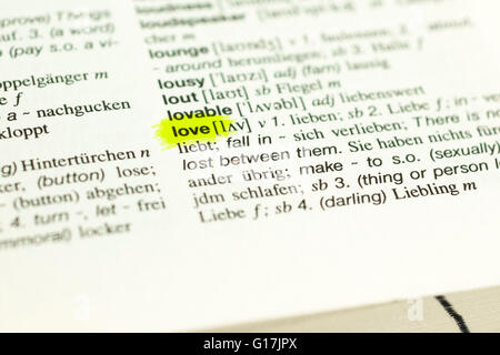 Deof English Word Love And Its German Translation From Dictionary Stock Photo Deof English Word Love And Its German Translation From Dictionary Stock Photo