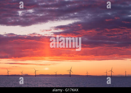 Sunrise over Walney Offshore Wind Farm off the Cumbrian Coast in the UK Stock Photo