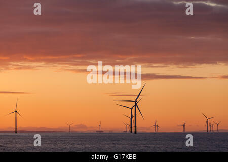 Sunrise over Walney Offshore Wind Farm off the Cumbrian Coast in the UK Stock Photo