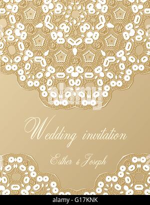 Wedding invitation decorated with white lace, vector background divider, header, ornamental frame template. Stock Vector