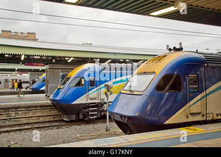 Three XPT trains await their departure from Central Station, Sydney. Stock Photo