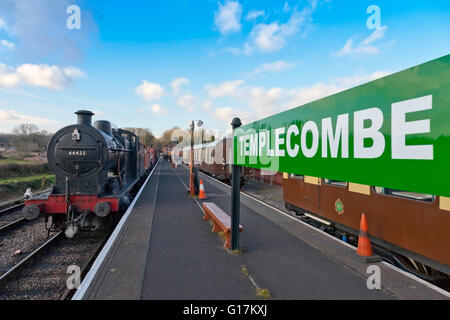 The West Somerset Railway's 2016 Spring Gala with ex-LMS 44422 arriving at 'Templecombe' (a renamed Bishops Lydeard) station. Stock Photo