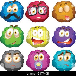 Facial expressions on fluffy balls illustration Stock Vector