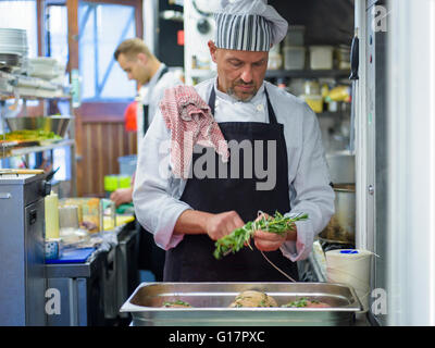 Chef prepares meat in traditional Italian restaurant kitchen Chef prepares meat in traditional Italian restaurant kitchen