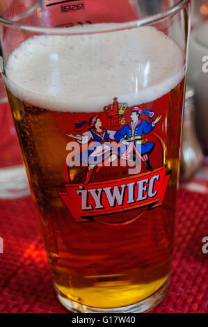 A printed  glass of Zywiec Polish beer on a table at Restaurant U Ani, Boston, Lincolnshire, England Stock Photo