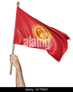 Hand proudly waving the national flag of Kyrgyzstan, 3D rendering Stock Photo