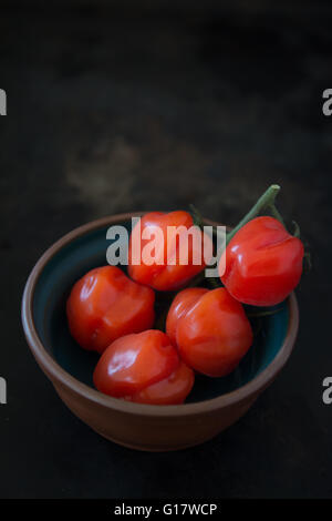 tomatoes in small bowl with dark background Stock Photo
