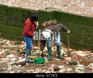 A couple searching for treasure using a metal detector on Hunstanton beach Norfolk England UK Stock Photo