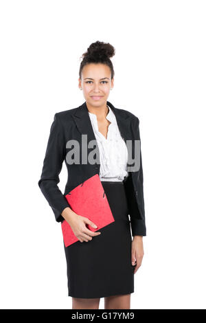 Cut out image of a young office worker who holds a red folder with documents Stock Photo