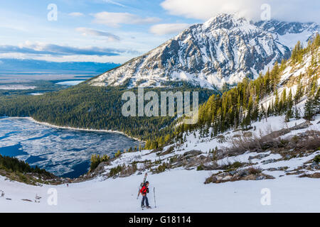 Troy Cobb on apprach to Mount Moran summit in the Grand Teton National Park Stock Photo