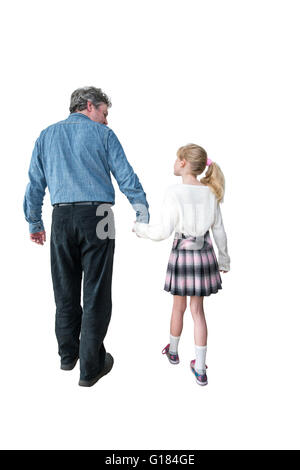 father and daughter walking, back to camera,whiteout,cutout, Stock Photo