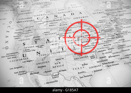 Red aerial target on tilted United States map ( Colorado ), black and ...