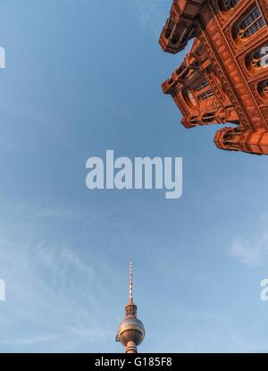 Low angle view of The Red Town Hall (Rothes Rathaus) and Berlin Radio Tower (Berliner Funkturm), Germany Stock Photo