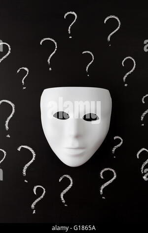 White mask on black background with hand drawn chalk question marks. Who am I ? Identity concept. Vertical image. Stock Photo