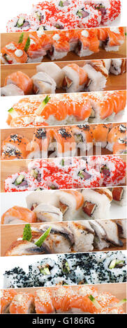 Assorted delicious sushi rolls collage Stock Photo