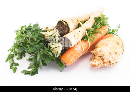 Parsley, carrot and celery on a white background. Stock Photo