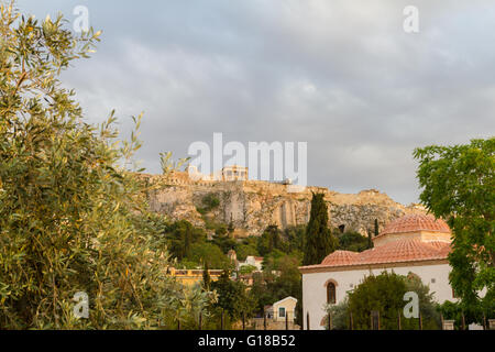 Church and Acropolis view from around Roman Agora, Athens. April 2016 afternoon photo Stock Photo