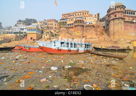 The holy river ghats of Varanasi, full with their colorful religious activities, a holy place for the Hindus, India Stock Photo