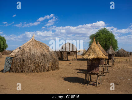 Traditional granaries and huts in nyangatom and toposa tribes village, Omo valley, Kangate, Ethiopia Stock Photo