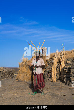 Afar tribe men loading a camel in front of a hut before climbing to erta ale, Afar region, Erta ale, Ethiopia Stock Photo