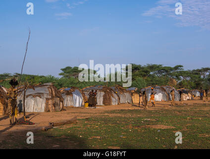 Village built for dimi ceremony to celebrate circumcision of teenagers in dassanech tribe, Omo valley, Omorate, Ethiopia Stock Photo