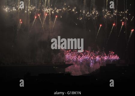 London, UK. 10th May, 2016. Fireworks explode above the Boleyn ground. Upton Park. London. UK. 10/05/2016. Credit:  Sport In Pictures/Alamy Live News Stock Photo