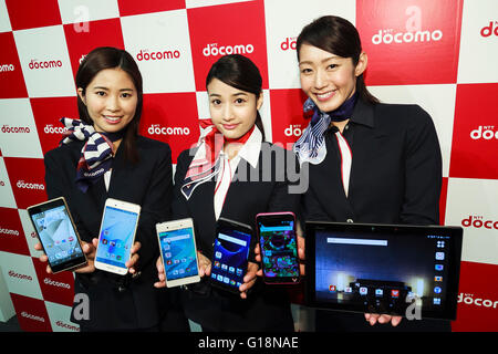 Tokyo, Japan. 11th May, 2016. NTT DOCOMO Inc. launches 7 new mobile devices for summer 2016 on May 11, 2016, Tokyo, Japan. DOCOMO announced new five smartphones, one tablet and a mobile Wi-Fi Router, and also introduced a VoLTE HD  service plan that allows users to make high-quality voice and video calls in Japan. Credit:  Rodrigo Reyes Marin/AFLO/Alamy Live News Stock Photo