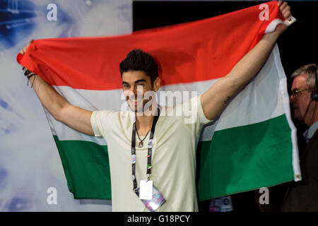 Stockholm, Sweden. 10th May 2016. Singer Freddie from Hungary is one of the first 10 finalists of the ESC. Credit:  Stefan Crämer/Alamy Live News Stock Photo