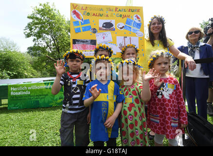 Pupils of the local Swedish School watch as a hyacinth macaw parrot named Douglas who gained fame as 'Rosalinda' in a Pippi Longstocking movie is presented to the public at the zoo in Karlsruhe, Germany, 11 May 2016. The bird used to reside in the zoo of Malmo, Sweden, but will spend the remainder of his life in Karlsruhe with his partner Gojan. Photo: ULI DECK/dpa Stock Photo