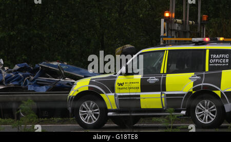 Reading, Berkshire, UK. 11th May 2016. Driver killed as lorry smashes through central reservation   A 49-year-old lorry driver has died after his vehicle overturned on the M4 near Reading on Wednesday morning.  Police have closed the motorway eastbound between junction 13 and 11 and two lanes have been shut on the westbound side of the carriageway.  The eastbound closures have caused seven miles of tailbacks.  The lorry, which crashed at just before 5am this morning, appears to have hit the central reservation and overturned. An investigation has been launched. Credit:  uknip/Alamy Live News Stock Photo