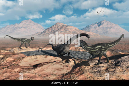 A Diplodocus Stuck In A Mud Pit. Stock Photo