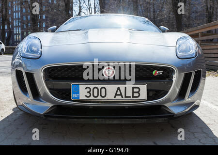 Tallinn, Estonia - May 2, 2016: Jaguar F-Type coupe, front view. Two-seat sports car, based on a platform of the XK convertible, Stock Photo