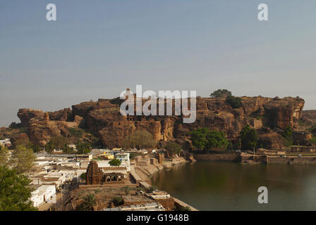 View of Agastya Lake and Badami fort (North) from cave 3, Badami, Karnataka, India Stock Photo