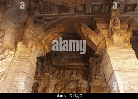 Cave 3 : View of verandah, from outside. Badami Caves, Karnataka, India. Fresco paintings on the ceilings can also seen. Stock Photo