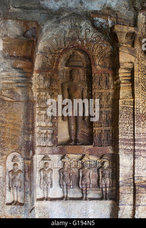 Cave 4 : Jaina Tirthankara images engraved on the inner pillars and walls. Badami caves, Badami, Karnataka, India. Stock Photo