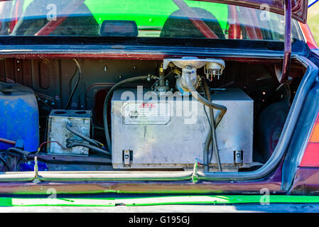 Emmaboda, Sweden - May 7, 2016: 41st South Swedish Rally in service depot. Racing fuel cell inside a car trunk. Stock Photo