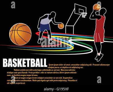 Basketball poster background with players silhouette on black, vector illustration Stock Vector