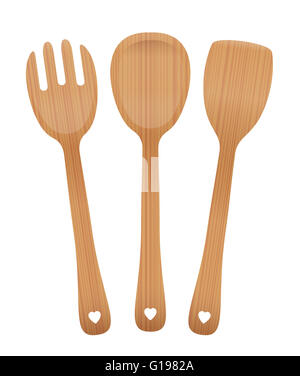 Wooden salad servers - fork, spoon and spatula with wooden texture and blanked out hearts on the handles. Stock Photo