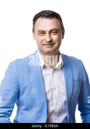 Portrait of middle aged man in blue jacket. Isolate on white. Stock Photo