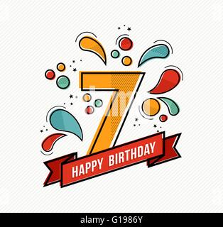 Happy birthday number 7, greeting card for seven year in modern flat line art with colorful geometric shapes. Stock Vector