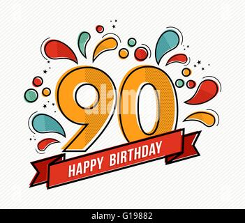 Happy birthday number 90, greeting card for ninety year in modern flat line art with colorful geometric shapes. Stock Vector