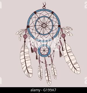 Dreamcatcher, feathers and beads. Stock Vector