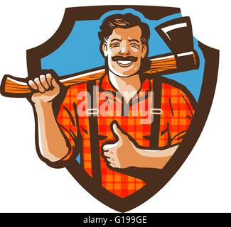 bearded canadian woodcutter with axe in plaid shirt Stock Vector