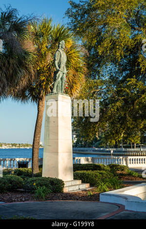 Christopher Columbus statue along the waterfront in Tampa, Florida, USA Stock Photo