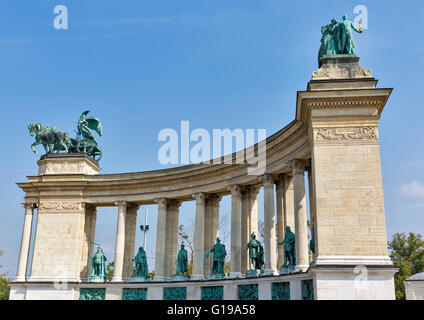 Columns and bronze statues of the monument in Heroes square, Budapest, Hungary Stock Photo