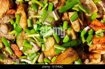 Grilled vegetables with green bunch-onion in metal dish on picnic outdoor
